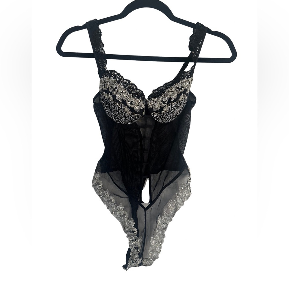 Vintage Victoria’s Secret Black & Silver Embroidered Mesh Bodysuit Lingerie 34B